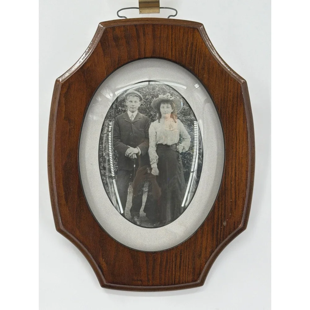 Antique Bubble Glass Oval Wood Frame Edwardian Couple Portrait Photo 11.5x8.5